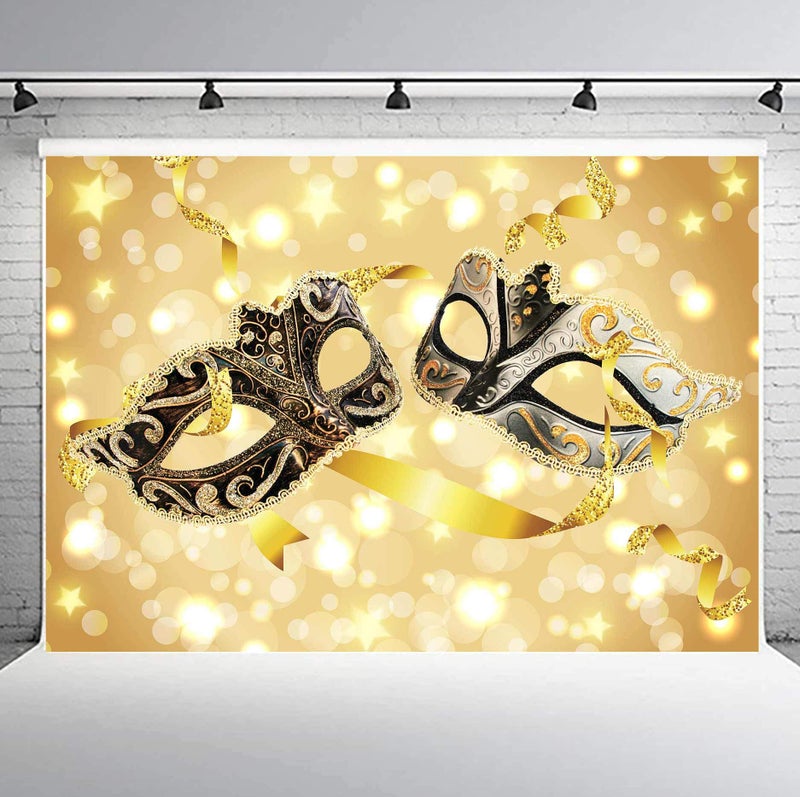 PHMOJEN 10x7ft Gold Masks Backdrop Masquerade Mardi Gras Party Banner Photography Background Vinyl Photo Studio Props LYPH976 - Image 1